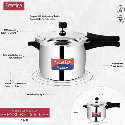 Prestige Popular 5L stainless steel pressure cooker(outer lid)|Ideal for 5-7 person|Gas & induction compatible|Controlled Gasket-Release System|5 years warranty - Image 2